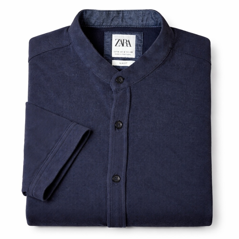 Zara Men Navy Blue Slim Fit Short Sleeve Mandarin Collar Button-Up Shirt medium